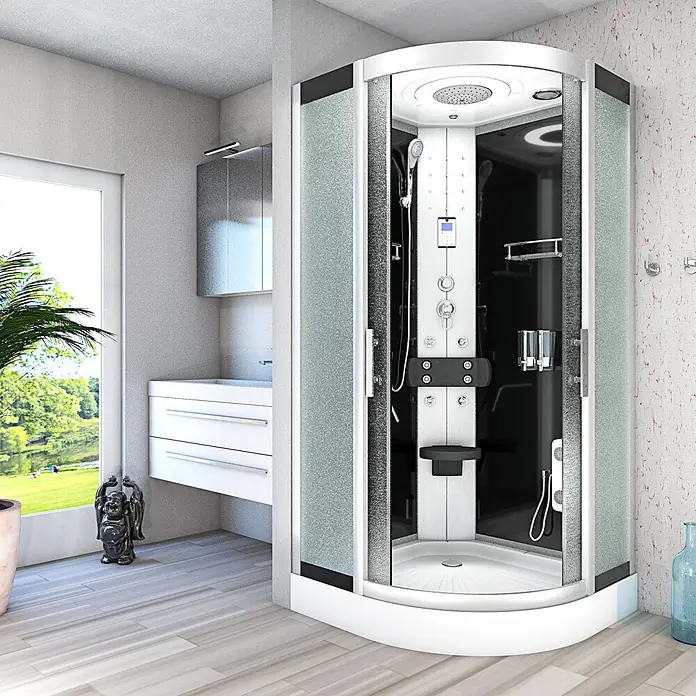 AcquaVapore Komplettdusche Fertigdusche D58-13M0-EC - 90 x 90 x 215 cm, Schwarz - Moderne Eckduschkabine mit weißen und schwarzen Paneelen, Milchglas und Massagedüsen, in einem Badezimmer.