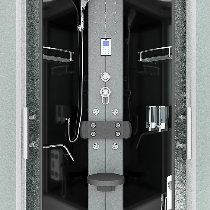 AcquaVapore Komplettdusche Fertigdusche D58-13M0-EC - 90 x 90 x 215 cm, Schwarz - Moderne Duschkabine in Schwarz und Grau mit Bedienfeld, Massagedüsen, Handbrause und Klappsitz. Mit strukturierten Glastüren.