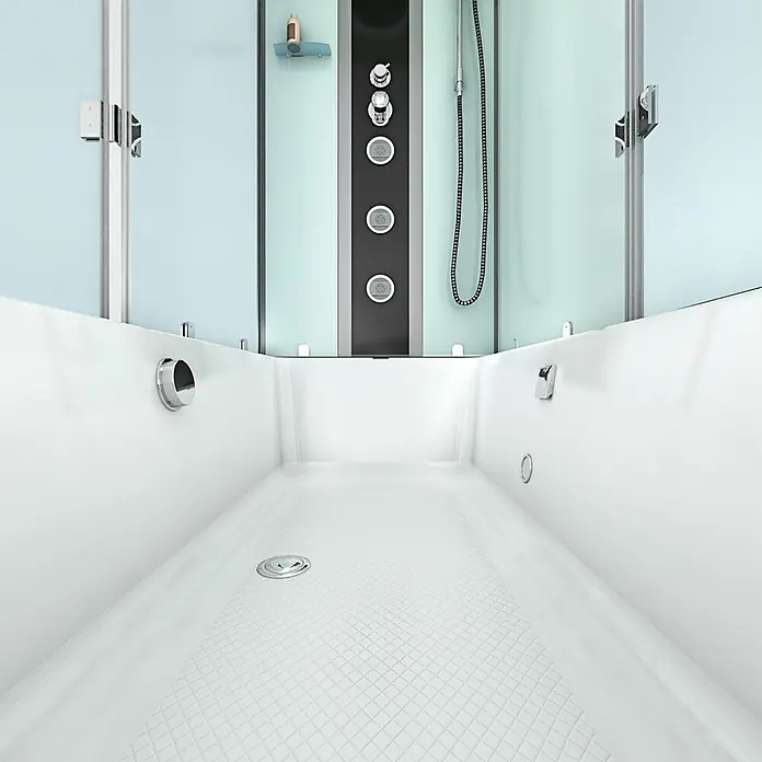 AcquaVapore Komplettdusche Fertigdusche K05-R00 - Weiß - Weiße Acryl-Duschwanne mit rutschfestem Gittermuster und moderner schwarz/Chrom-Duschsäule in einer Glasduschkabine.