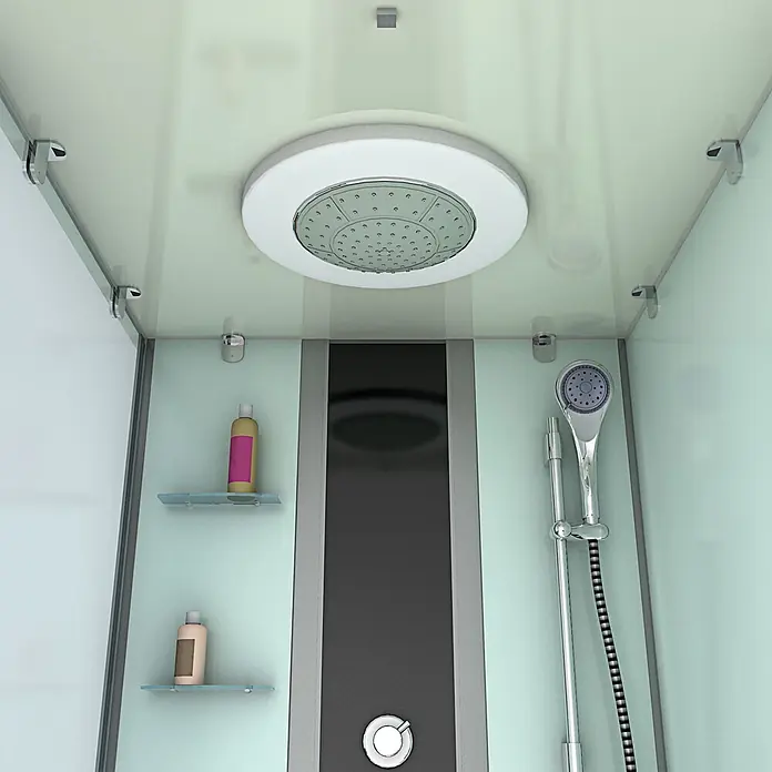 AcquaVapore Komplettdusche Fertigdusche K05-R00-WP-EC - Weiß - Innenansicht einer modernen Duschkabine mit Regendusche, Handbrause und Ablagen.