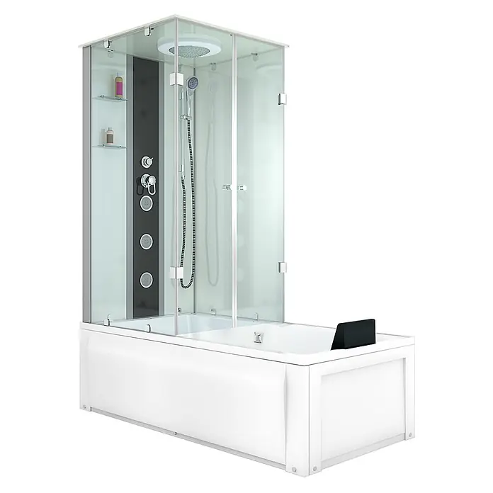 AcquaVapore Komplettdusche Fertigdusche K05-R00 - Weiß - Weiße Badewanne mit Duschkabine aus Klarglas, dunkelgrauem Paneel, Regendusche und Handbrause.