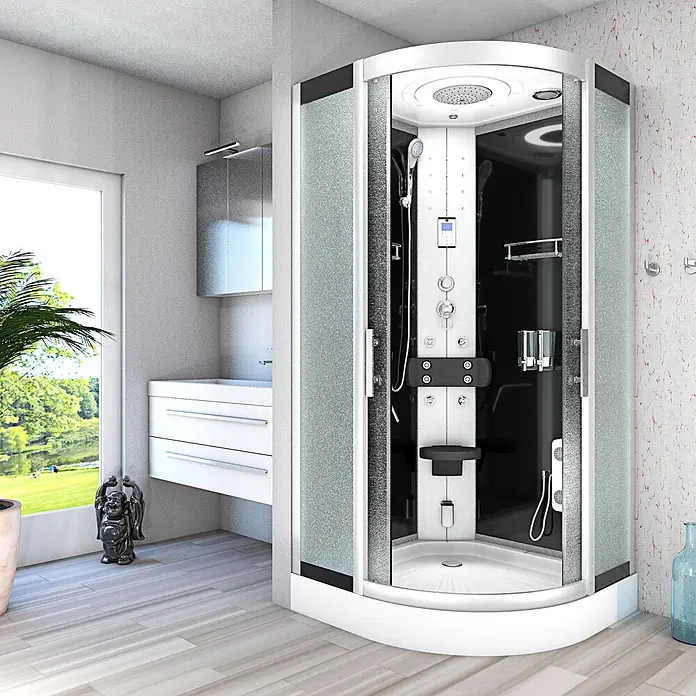 AcquaVapore Komplettdusche Dampfdusche D58-23M2-EC - Schwarz - Moderne Eckduschkabine mit mattierten Glaspaneelen, schwarzem Interieur und weißem Rahmen, in einem hellen Badezimmer.