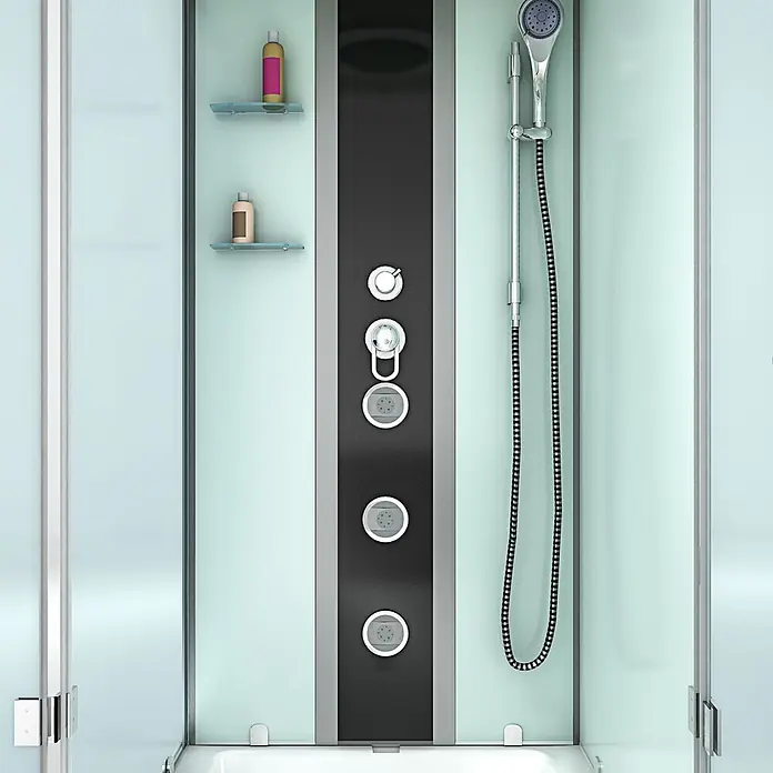 AcquaVapore Komplettdusche Fertigdusche K05-R00-WP-EC - Weiß - Moderne Duschkabine mit mattierten Glaspaneelen und einer schwarz-grauen Duschsäule mit mehreren Massagedüsen, Bedienelementen und Handbrause.