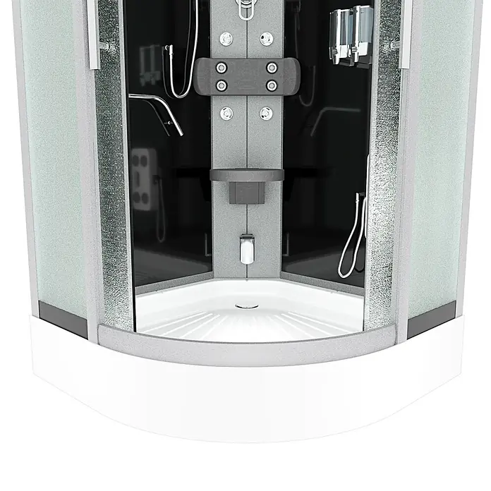 AcquaVapore Komplettdusche Dampfdusche D58-23M2-EC - Schwarz - Moderne Eckduschkabine mit mattiertem Glas, dunkelgrauen Paneelen, Chromarmaturen und einer weißen Duschwanne.
