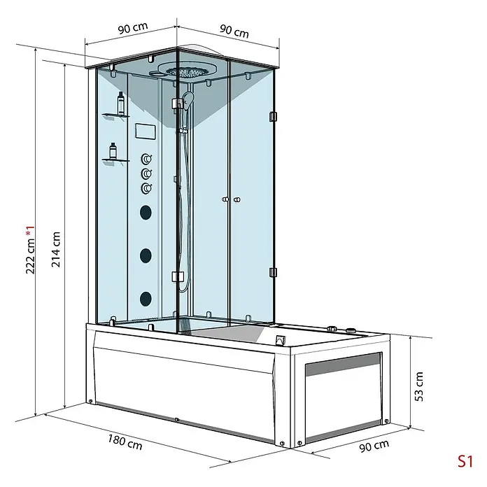 AcquaVapore Komplettdusche Fertigdusche K05-R32-WP - Schwarz - Duschkabine mit Klarglaswänden, weißer Wanne, Gesamtgröße 180x90 cm, Höhe 222 cm.