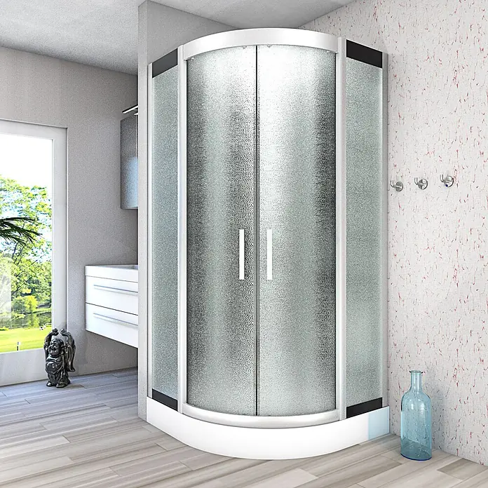 AcquaVapore Komplettdusche Dampfdusche D58-03M2 - 80 x 80 x 215 cm, Schwarz - Gekrümmte Duschkabine mit mattierten Falttüren aus Glas und weißem Rahmen, in einer Badezimmerecke installiert.