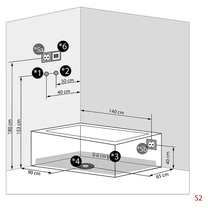 AcquaVapore Komplettdusche Fertigdusche K05-R32-WP - Schwarz - Installationsplan für eine rechteckige Duschwanne mit Abmessungen für Sanitär-, Abfluss- und Elektroanschlüsse.