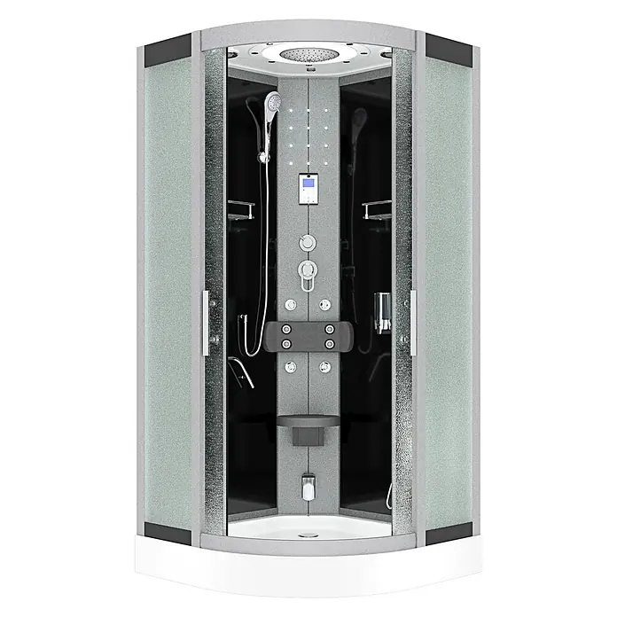 AcquaVapore Komplettdusche Dampfdusche D58-23M2-EC - Schwarz - Moderne graue Duschkabine mit mattiertem Glas, mehreren Düsen, Handbrause und digitalem Bedienfeld.