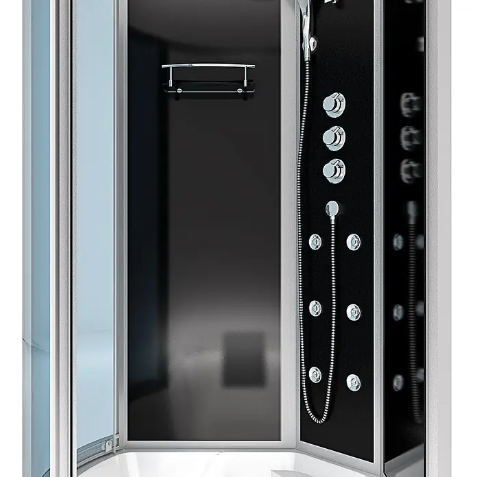 AcquaVapore Komplettdusche Fertigdusche K50-R32-EC - Schwarz - Moderne Duschkabine mit schwarzer Rückwand, Chrom-Hydromassagedüsen, Handbrause und Ablage, umgeben von Klarglas und weißer Wanne.