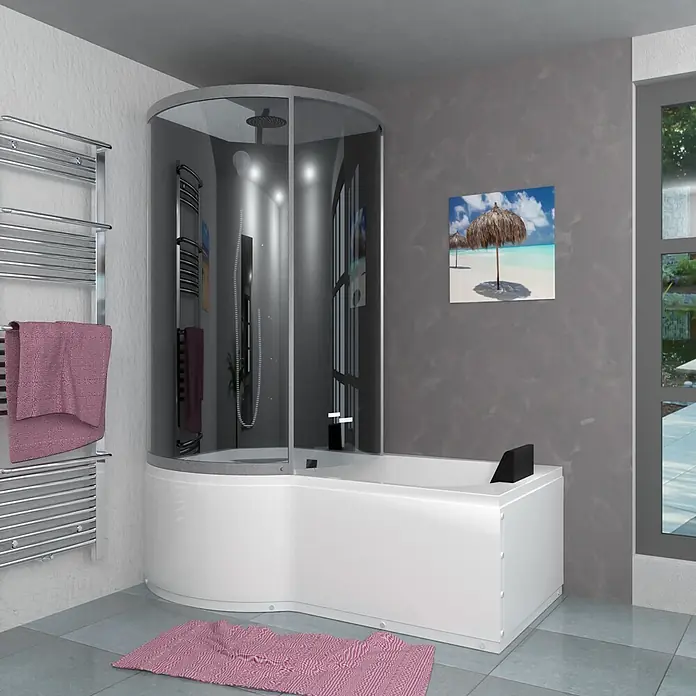 AcquaVapore Komplettdusche Fertigdusche K50-R32-EC - Schwarz - Moderne weiße Dusch-Badewannen-Kombination mit klarer Glasduschkabine in einem zeitgenössischen Badezimmer.