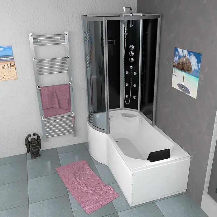 AcquaVapore Komplettdusche Fertigdusche K50-R32-EC - Schwarz - Eckduschkabine mit integrierter weißer Badewanne und schwarzer Rückwand in einem modernen Badezimmer.