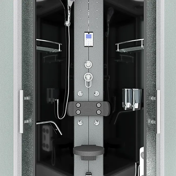 AcquaVapore Komplettdusche Dampfdusche D58-23M2-EC - Schwarz - Moderne Duschkabine mit schwarzem Interieur, grauem Bedienfeld, Chromarmaturen, Massagedüsen und Klappsitz. Mit Milchglas-Türen.