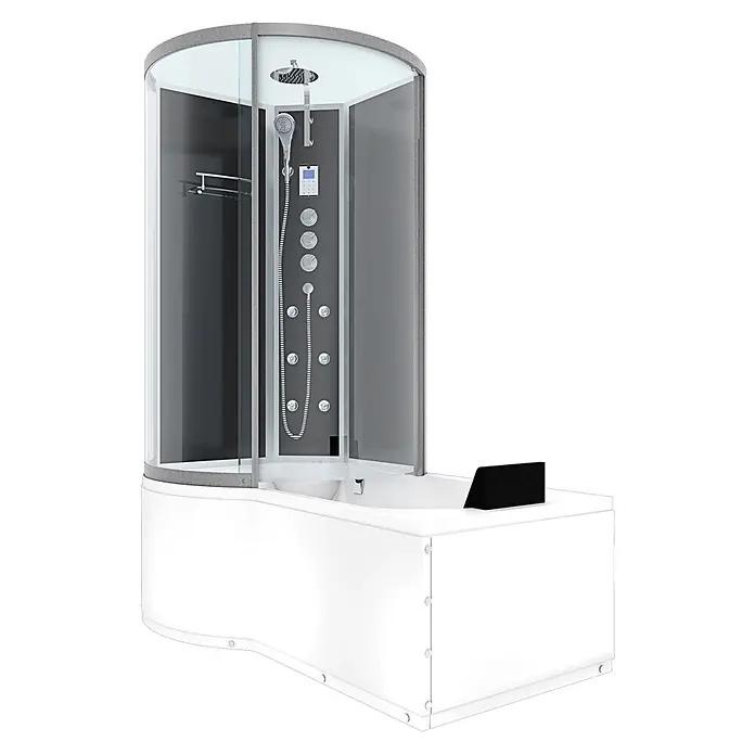 AcquaVapore Komplettdusche Fertigdusche K50-R33-EC - Schwarz - Weiße Duschkabine mit klarem Glas und dunkelgrauen Rückwänden, integriert in eine weiße Badewanne mit silbernen Armaturen.
