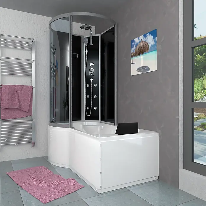 AcquaVapore Komplettdusche Fertigdusche K50-R30-EC - Schwarz - Weiße Eckbadewanne mit integrierter schwarzer Duschkabine, ideal für platzsparende Bäder.