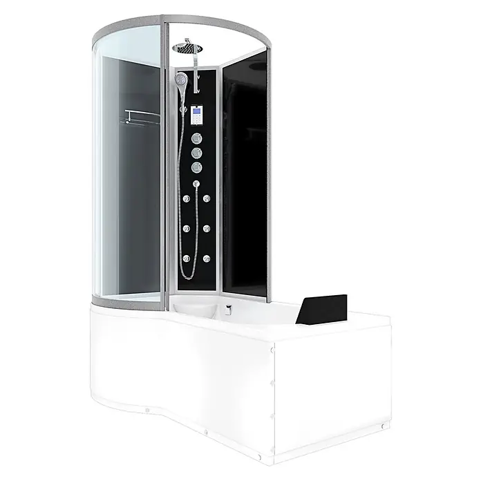 AcquaVapore Komplettdusche Fertigdusche K50-R33-EC - Schwarz - Weißes Dusch-Wannen-Kombisystem mit Glasduschkabine, schwarzem Bedienfeld und silbernen Duscharmaturen.