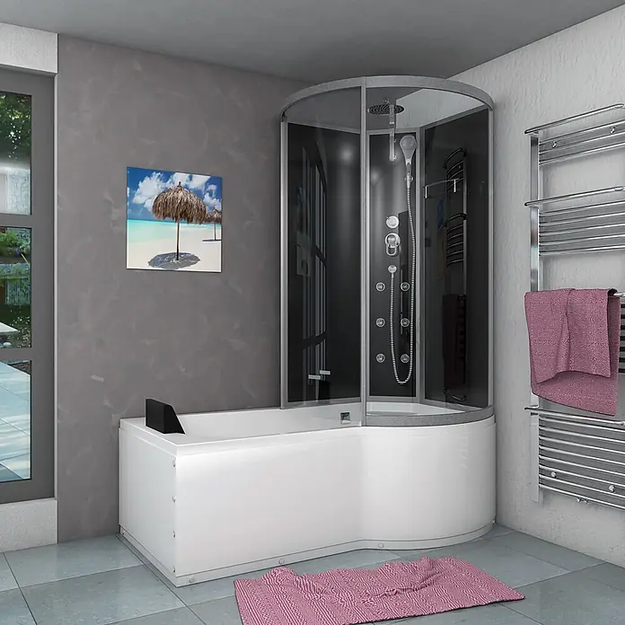 AcquaVapore Komplettdusche Fertigdusche K50-R30-EC - Schwarz - Weiße Eckbadewanne mit integrierter Duschkabine in einem modernen Badezimmer.