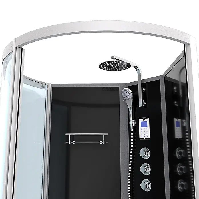 AcquaVapore Komplettdusche Fertigdusche K50-R33-EC - Schwarz - Moderne Eckduschkabine mit schwarzen Rückwänden, Chromarmaturen und digitalem Bedienfeld.