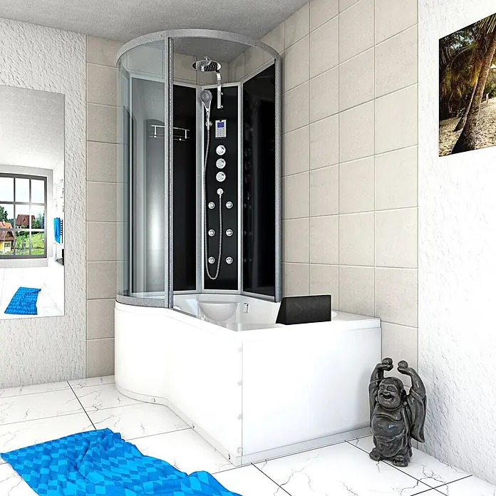 AcquaVapore Komplettdusche Fertigdusche K50-R33-EC - Schwarz - Eckduschkabine mit integrierter weißer Badewanne und mehreren Strahlfunktionen in einem gefliesten Bad.