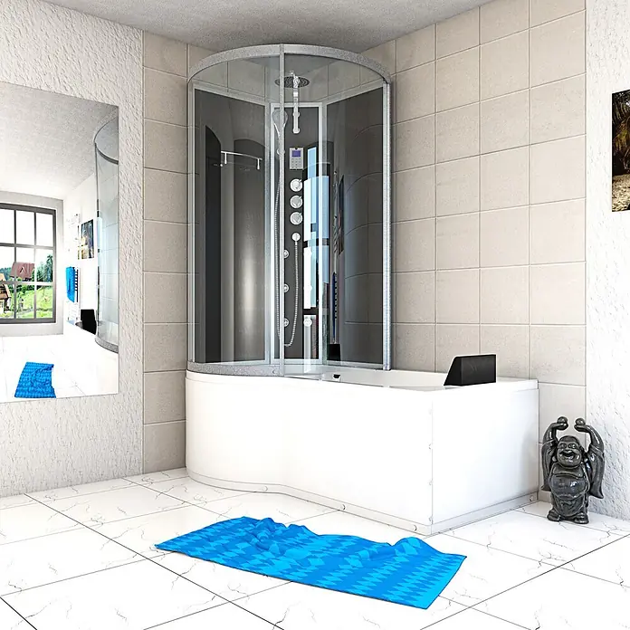 AcquaVapore Komplettdusche Fertigdusche K50-R33-EC - Schwarz - Moderne Eck-Dusch-Badewannen-Kombination mit Glasabtrennung und Massagedüsen.