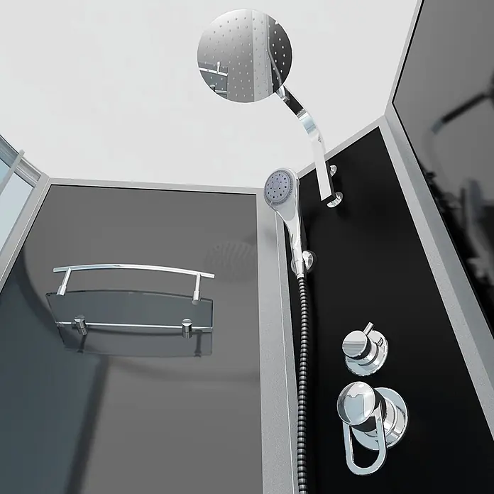 AcquaVapore Komplettdusche Fertigdusche K50-R30-EC - Schwarz - Moderne Duschkabine mit schwarzen Paneelen, Chrom-Regendusche, Handbrause und Bedienelementen.