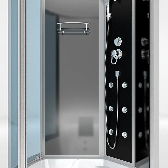 AcquaVapore Komplettdusche Fertigdusche K50-R30-EC - Schwarz - Moderne Duschkabine mit Klarglastüren, weißer Basis und schwarzem Paneel mit Chromdüsen und -steuerungen, plus Innenablage.