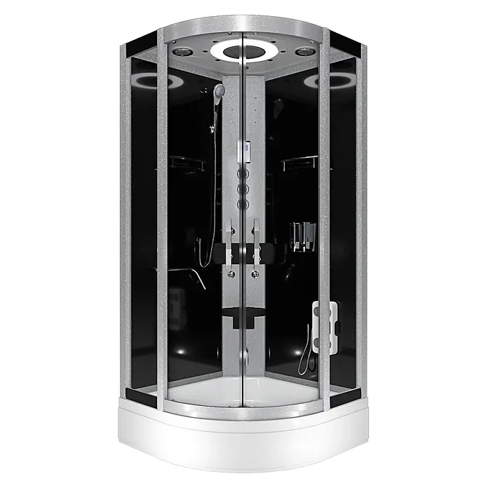 AcquaVapore Komplettdusche Dampfdusche D58-63T3 - Schwarz - Eckduschkabine mit schwarzen Platten, silbernem Glitzerrahmen, weißem Sockel, Klarglastür, Handbrause und integriertem Sitz.