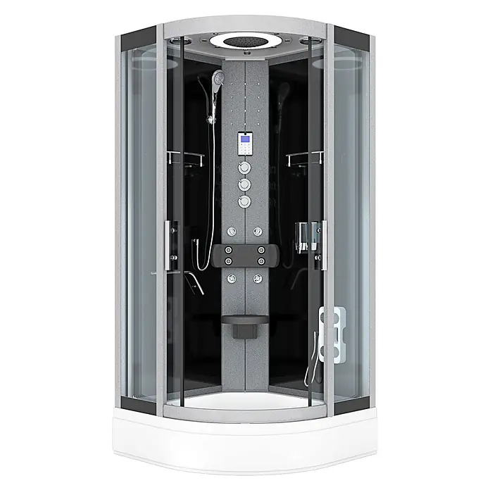AcquaVapore Komplettdusche Fertigdusche D58-53T1 - Schwarz - Moderne Eckduschkabine mit Klarglastüren, strukturierten grauen Paneelen, schwarzem Interieur, Kopf- und Handbrause, Massagedüsen und weißem Unterbau.
