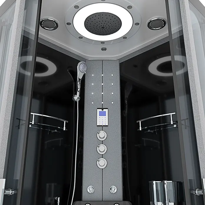 AcquaVapore Komplettdusche Dampfdusche D58-63T3 - Schwarz - Moderne Duschkabine mit grauen und schwarzen Paneelen, Glastüren, mehreren Chrom-Duschköpfen, digitaler Steuerung und Ablagen.