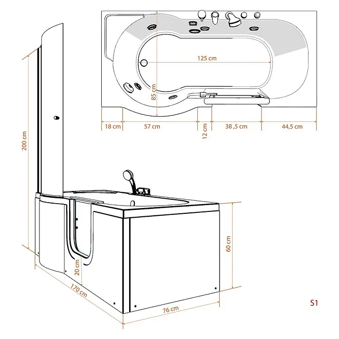 AcquaVapore Komplettdusche Fertigdusche S12D-R - 85 x 170 x 200 cm, Weiß - Weiße Walk-in-Badewanne mit Duschabtrennung und genauen Maßen, ideal für barrierefreies Baden.