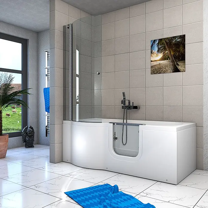 AcquaVapore Komplettdusche Fertigdusche S12D-R - 85 x 170 x 200 cm, Weiß - Weiße begehbare Badewanne mit integrierter Duschwand, für einfachen Zugang konzipiert.