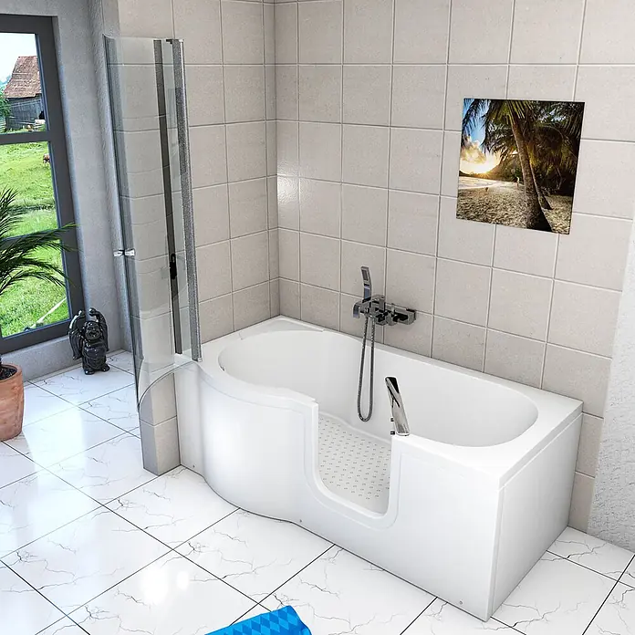 AcquaVapore Komplettdusche Fertigdusche S12D-R - 85 x 170 x 200 cm, Weiß - Weiße Einstiegswanne mit integrierter Duschwand und Chromarmaturen in einem modern gefliesten Bad mit Fenster.
