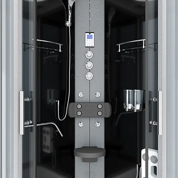 AcquaVapore Komplettdusche Fertigdusche D58-13T1-EC - 90 x 90 x 215 cm, Schwarz - Moderne schwarze und graue Duschkabine mit Bedienfeld, Handbrause und Klappsitz.