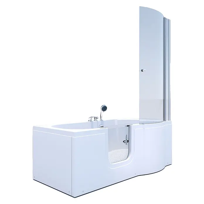 AcquaVapore Komplettdusche Fertigdusche S12D-EH-L-EC - 170 x 85 x 200 cm, Weiß - Weiße begehbare Badewanne mit integrierter gebogener Duschabtrennung und Chrom-Handbrause.