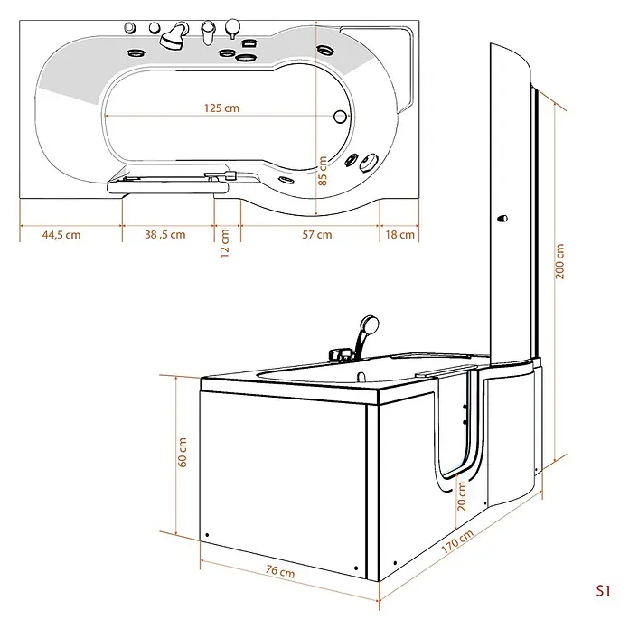 AcquaVapore Komplettdusche Fertigdusche S12D-TH-L - 170 x 85 x 200 cm, Weiß - Technische Zeichnung einer weißen Einstiegswanne mit Duschkabine und Maßen, betont die Barrierefreiheit.