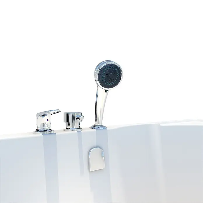 AcquaVapore Komplettdusche Fertigdusche S12D-EH-L-EC - 170 x 85 x 200 cm, Weiß - Verchromtes Badewannenset mit Handbrause und Überlauf auf weißer Wanne.