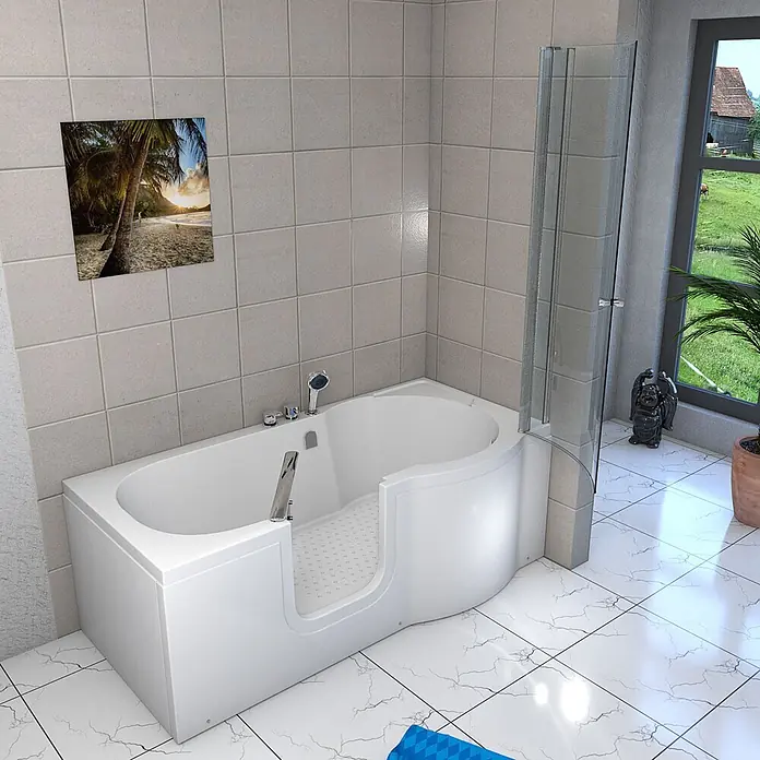 AcquaVapore Komplettdusche Fertigdusche S12D-EH-L-EC - 170 x 85 x 200 cm, Weiß - Weißer begehbarer Badewanne mit integrierter Duschwand, für barrierefreies Baden in einem modernen Badezimmer.