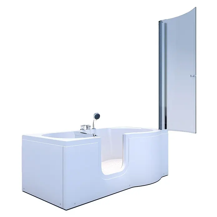 AcquaVapore Komplettdusche Fertigdusche S12D-EH-L-EC - 170 x 85 x 200 cm, Weiß - Weiße Badewanne mit niedrigem Einstieg, integrierter Dusche und klarer Glasabtrennung für einfachen Zugang.