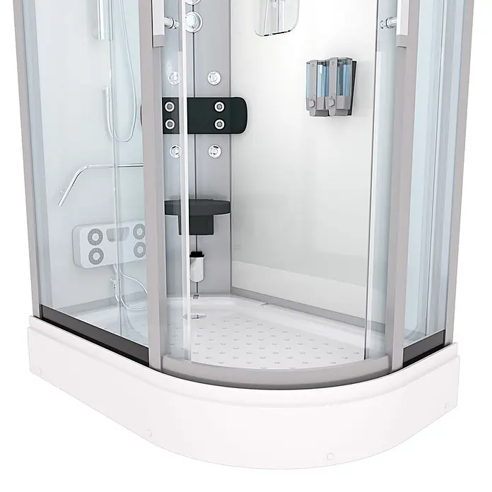 AcquaVapore Komplettdusche Fertigdusche D60-70T1R - 80 x 120 x 215 cm, Weiß - Moderne Eckduschkabine mit Klarglas, weißer Duschwanne, integrierten Massagedüsen, Handbrause und Spendern.
