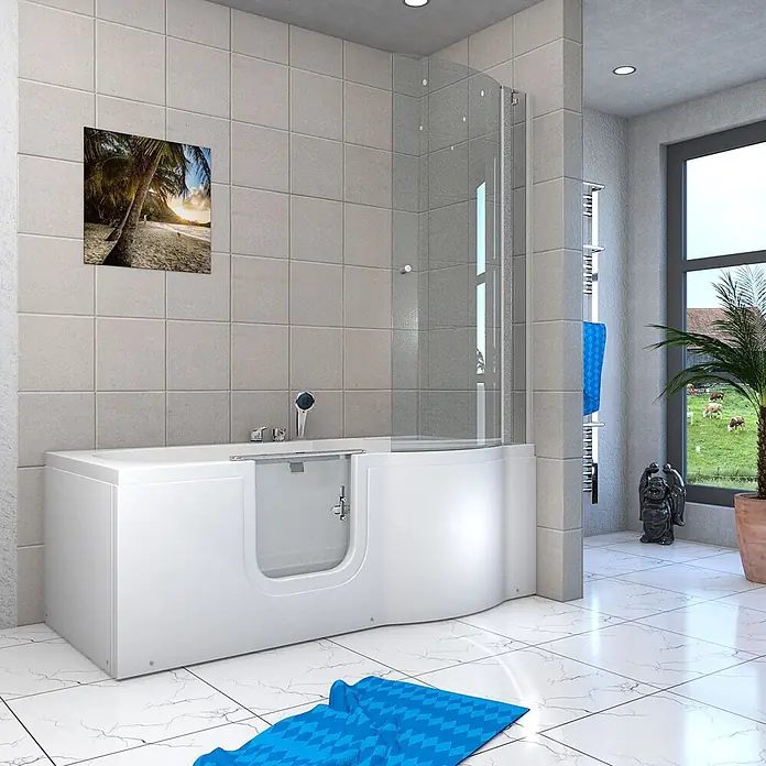 AcquaVapore Komplettdusche Fertigdusche S12D-EH-L-EC - 170 x 85 x 200 cm, Weiß - Weiße begehbare Badewanne mit klarer Glas-Duschabtrennung in modern gefliestem Bad.