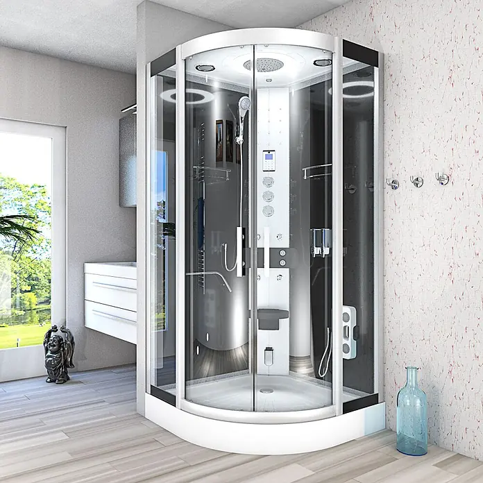 AcquaVapore Komplettdusche Dampfdusche D58-03T3 - 80 x 80 x 215 cm, Schwarz - Moderne Viertelkreis-Duschkabine mit Klarglastüren, weißem Rahmen, schwarzen Innenpaneelen und mehreren Hydromassage-Düsen.