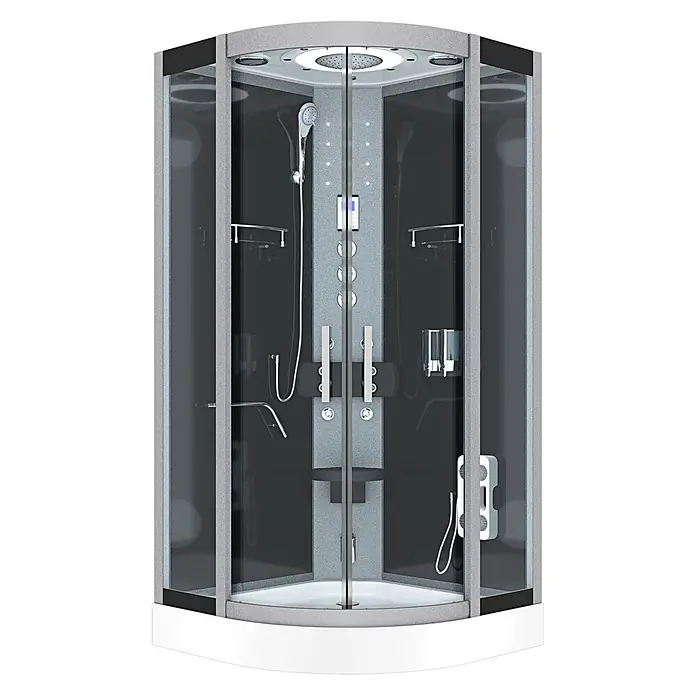 AcquaVapore Komplettdusche Dampfdusche D58-03T3 - 80 x 80 x 215 cm, Schwarz - Moderne Eckduschkabine mit grauen und schwarzen Paneelen, integrierten Regen- und Handbrausen, Massagedüsen und Bedienfeld.
