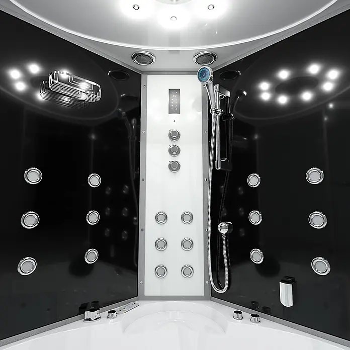 AcquaVapore Komplettdusche Dampfdusche K60-SW-TH-EC-SC - 140 x 140 x 210 cm, Schwarz - Moderne Duschkabine innen mit schwarzen Paneelen, weißem Kontrollzentrum und Chrom-Hydromassagedüsen.