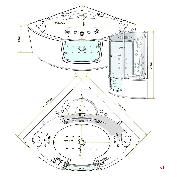 AcquaVapore Komplettdusche Dampfdusche K60-WS-EH - 140 x 140 x 210 cm, Weiß - Weißer Eckwhirlpool mit integrierter Duschkabine und Maßen.