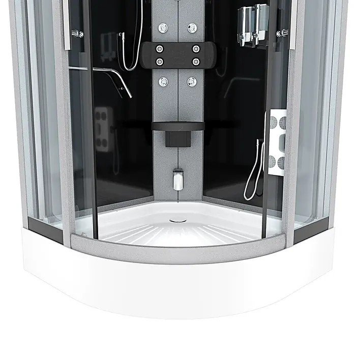 AcquaVapore Komplettdusche Dampfdusche D58-03T3 - 80 x 80 x 215 cm, Schwarz - Moderne Eck-Hydromassage-Duschkabine mit schwarzen und grauen Paneelen, Klarglastüren und weißer Duschwanne, mit mehreren Massagedüsen.