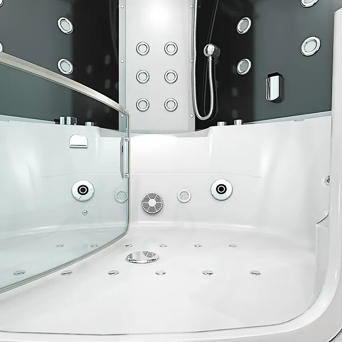 AcquaVapore Komplettdusche Dampfdusche K60-SW-TH-EC-SC - 140 x 140 x 210 cm, Schwarz - Weiße Whirlpool-Duschkabine mit Klarglastür, schwarzen Rückwänden und Chromarmaturen.