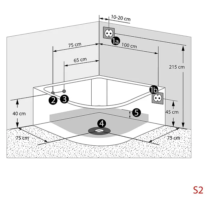 AcquaVapore Komplettdusche Dampfdusche K60-WS-EH - 140 x 140 x 210 cm, Weiß - Installationsschema für eine Duschwanne mit Maßen, Steckdosen, Abfluss und Wasseranschlüssen.