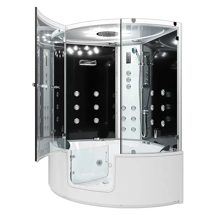 AcquaVapore Komplettdusche Dampfdusche K60-SW-TH-EC-SC - 140 x 140 x 210 cm, Schwarz - Moderne weiß-schwarze Duschkabine mit Klarglas, integrierter Badewanne, Massagedüsen und Regendusche.