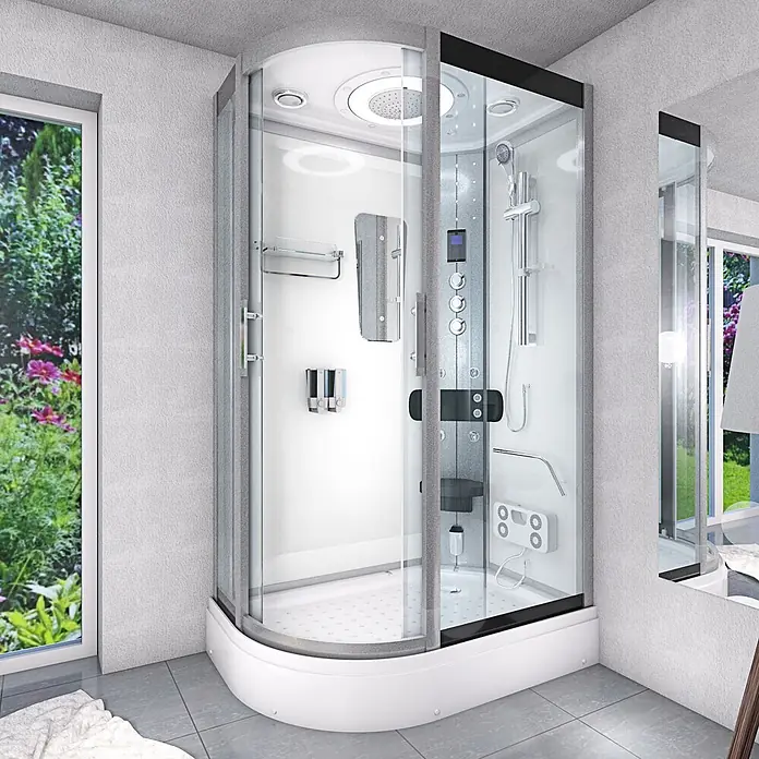 AcquaVapore Komplettdusche Dampfdusche D60-70T3L-EC - Weiß - Moderne, multifunktionale Duschkabine mit Glastüren, weißer Basis, grauem Panel, Regendusche und Körperdüsen, in hellem Badezimmer.