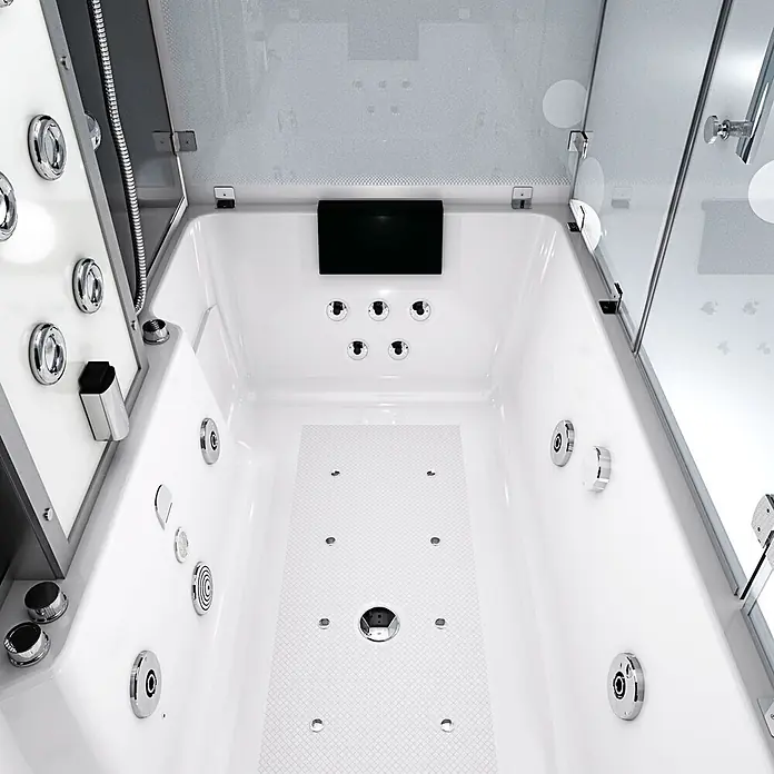 AcquaVapore Komplettdusche Dampfdusche K80-SW-TH-A-EC - 100 x 180 x 228 cm, Schwarz - Moderne weiße Hydromassagewanne mit Chromdüsen, integriertem Display und klarer Glasduschkabine.
