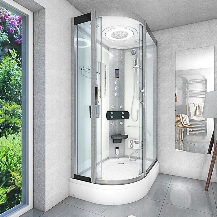 AcquaVapore Komplettdusche Dampfdusche D60-70T3L-EC - Weiß - Moderne Eckduschkabine mit Glastüren, weißem Sockel und multifunktionaler Innenausstattung in einem hellen Badezimmer.